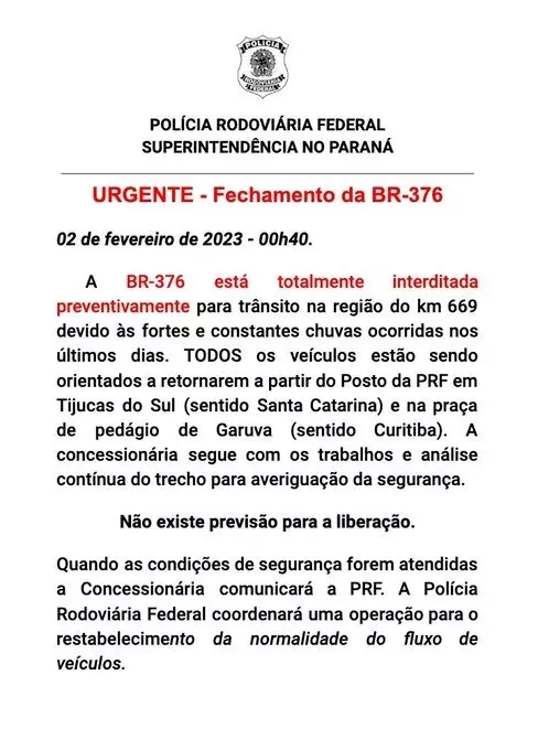 Fechamento da BR-376 no dia 02 de fevereiro de 2023